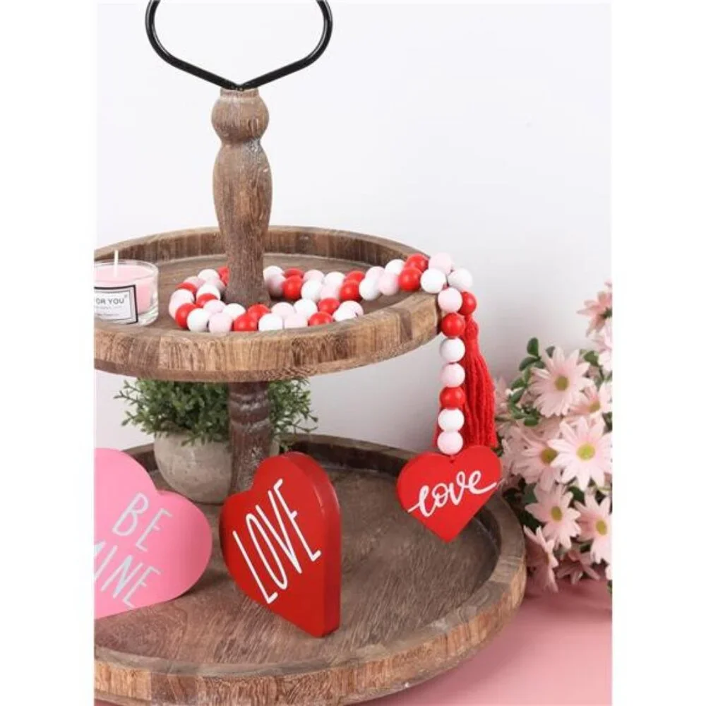 Farmhouse Wood Beaded Garland with Tassel, Valentines Day Decor